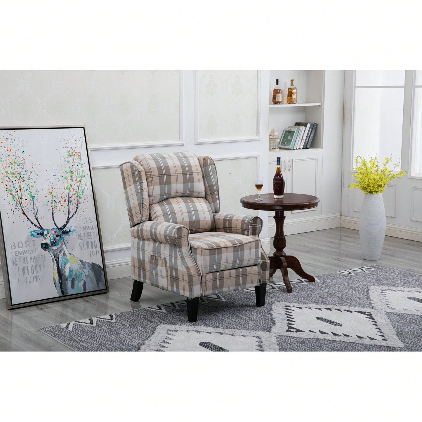 Stylish Upholstered Vintage Armchair Recliner - Comfortable Leisure Chair For Living Room (Grey Check)