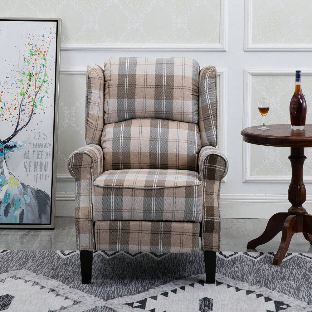 Stylish Upholstered Vintage Armchair Recliner - Comfortable Leisure Chair For Living Room (Grey Check)