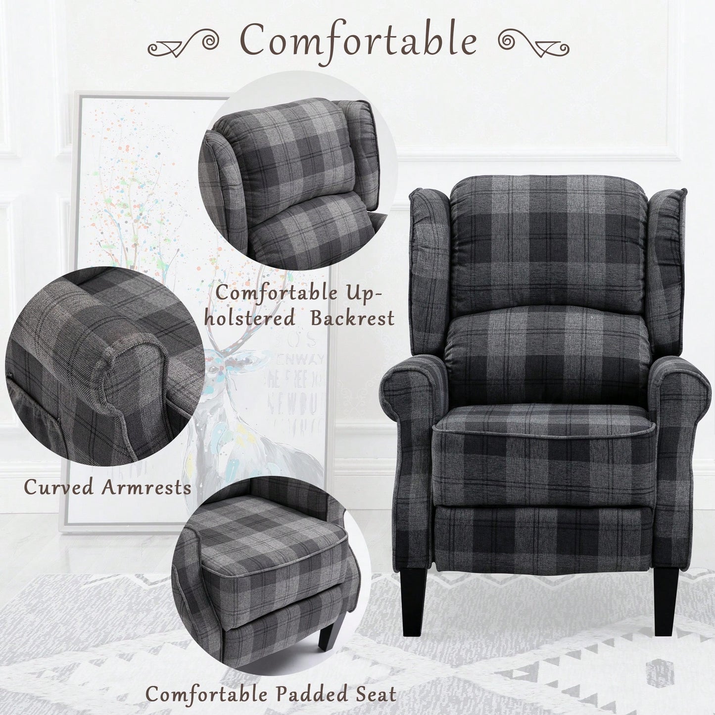Stylish Upholstered Vintage Armchair Recliner - Comfortable Leisure Chair For Living Room (Grey Check)