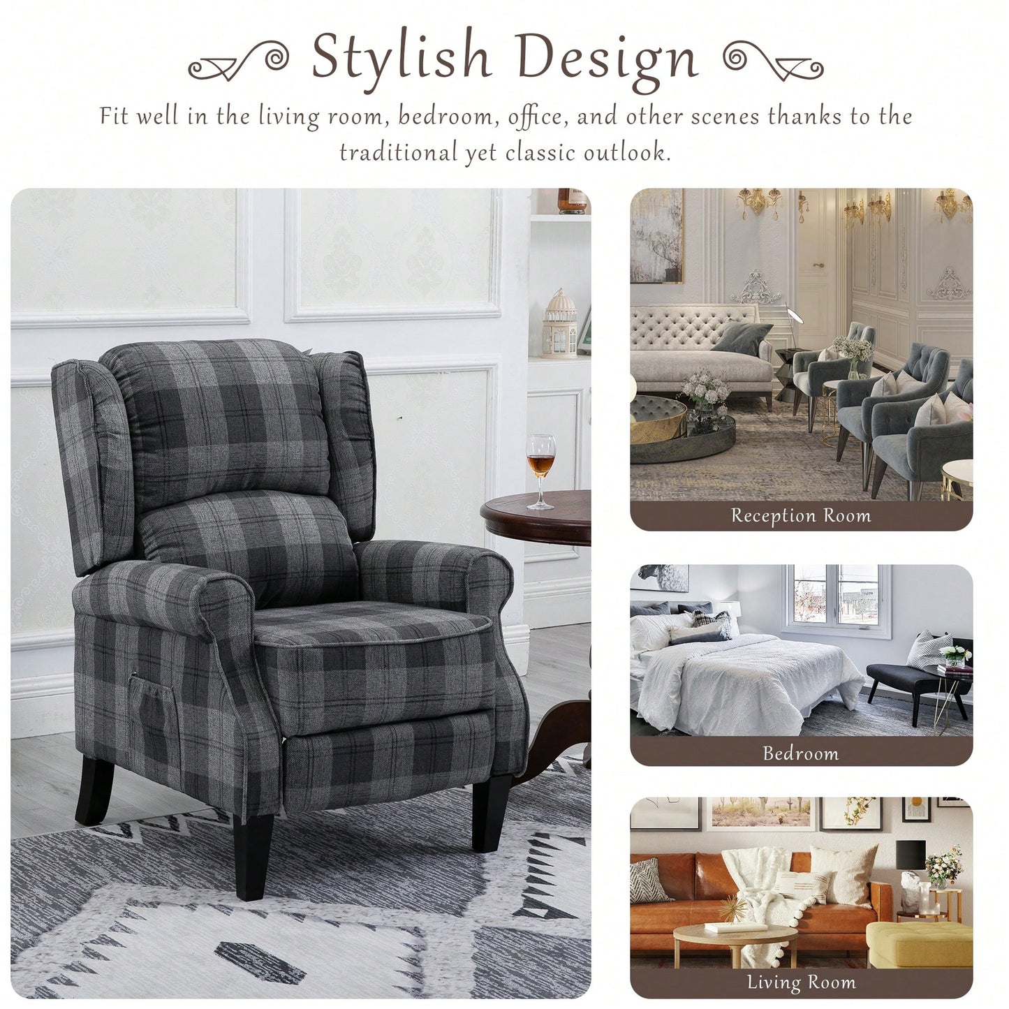 Stylish Upholstered Vintage Armchair Recliner - Comfortable Leisure Chair For Living Room (Grey Check)
