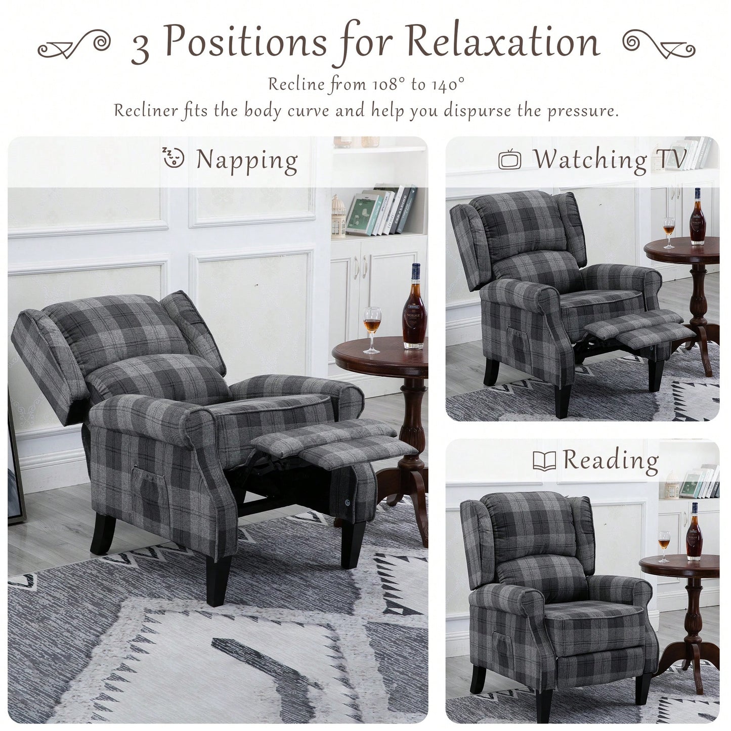 Stylish Upholstered Vintage Armchair Recliner - Comfortable Leisure Chair For Living Room (Grey Check)