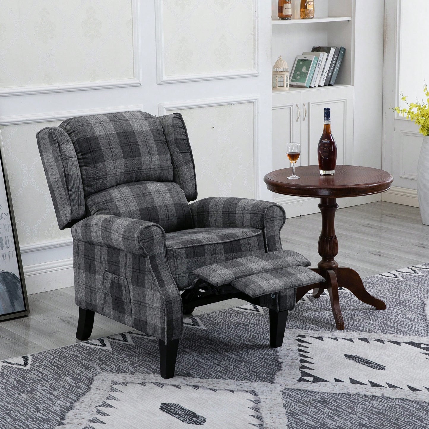 Stylish Upholstered Vintage Armchair Recliner - Comfortable Leisure Chair For Living Room (Grey Check)