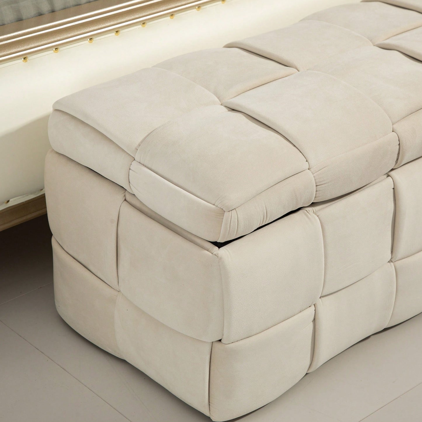 Versatile Upholstered Storage Ottoman Bench With Safety Hinge For Living Room And Bedroom - Stylish Entryway Footstool In Beige