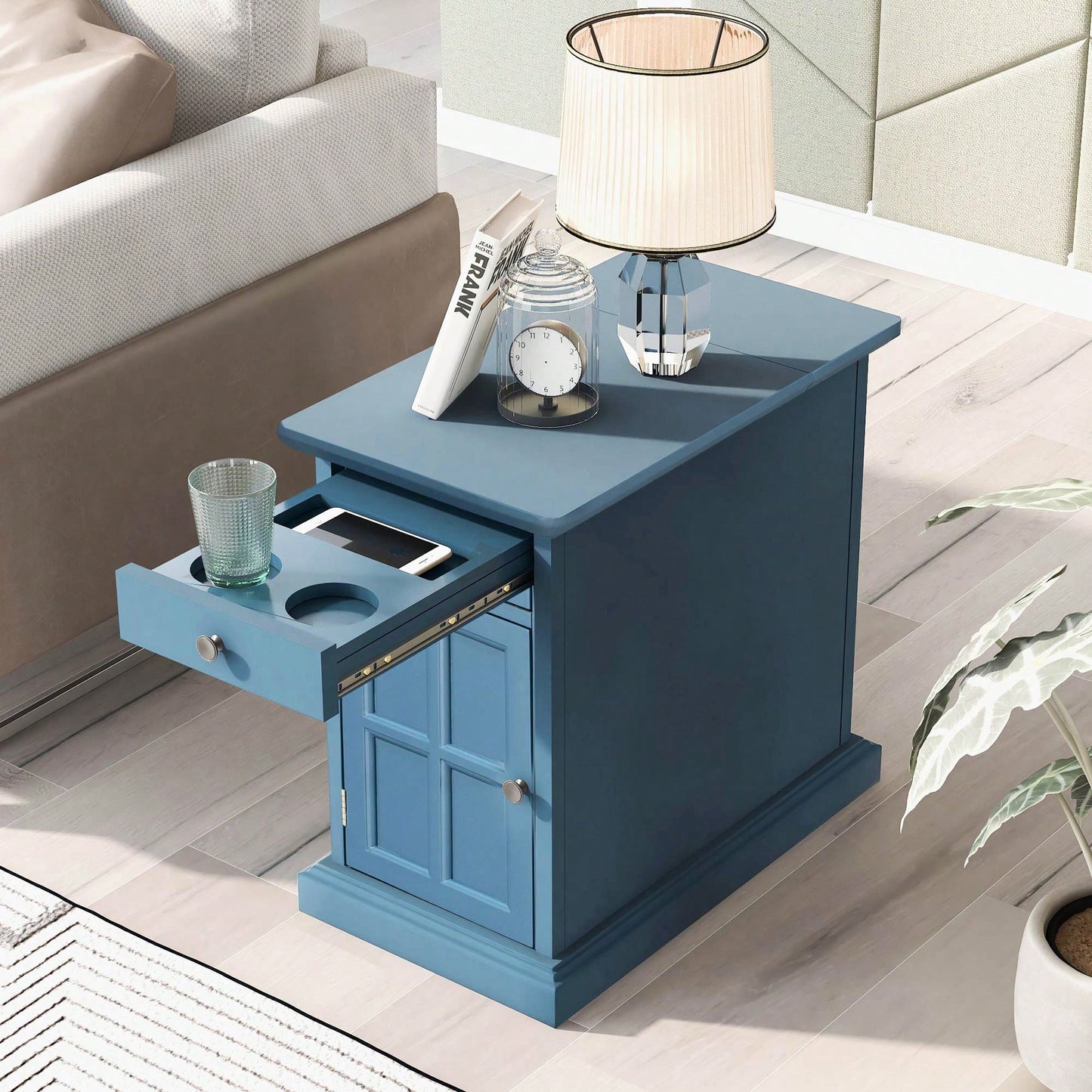 Vintage-Inspired Living Room End Table With USB Ports, Multifunctional Drawer, Cup Holders, And Antique Navy Finish