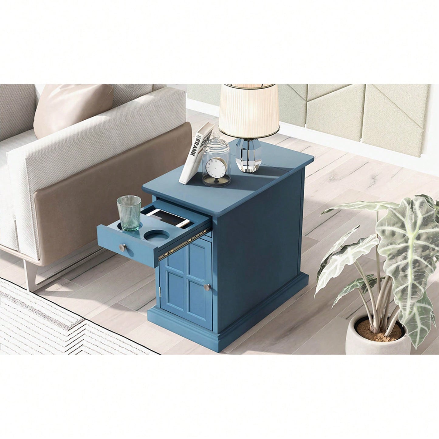 Vintage-Inspired Living Room End Table With USB Ports, Multifunctional Drawer, Cup Holders, And Antique Navy Finish