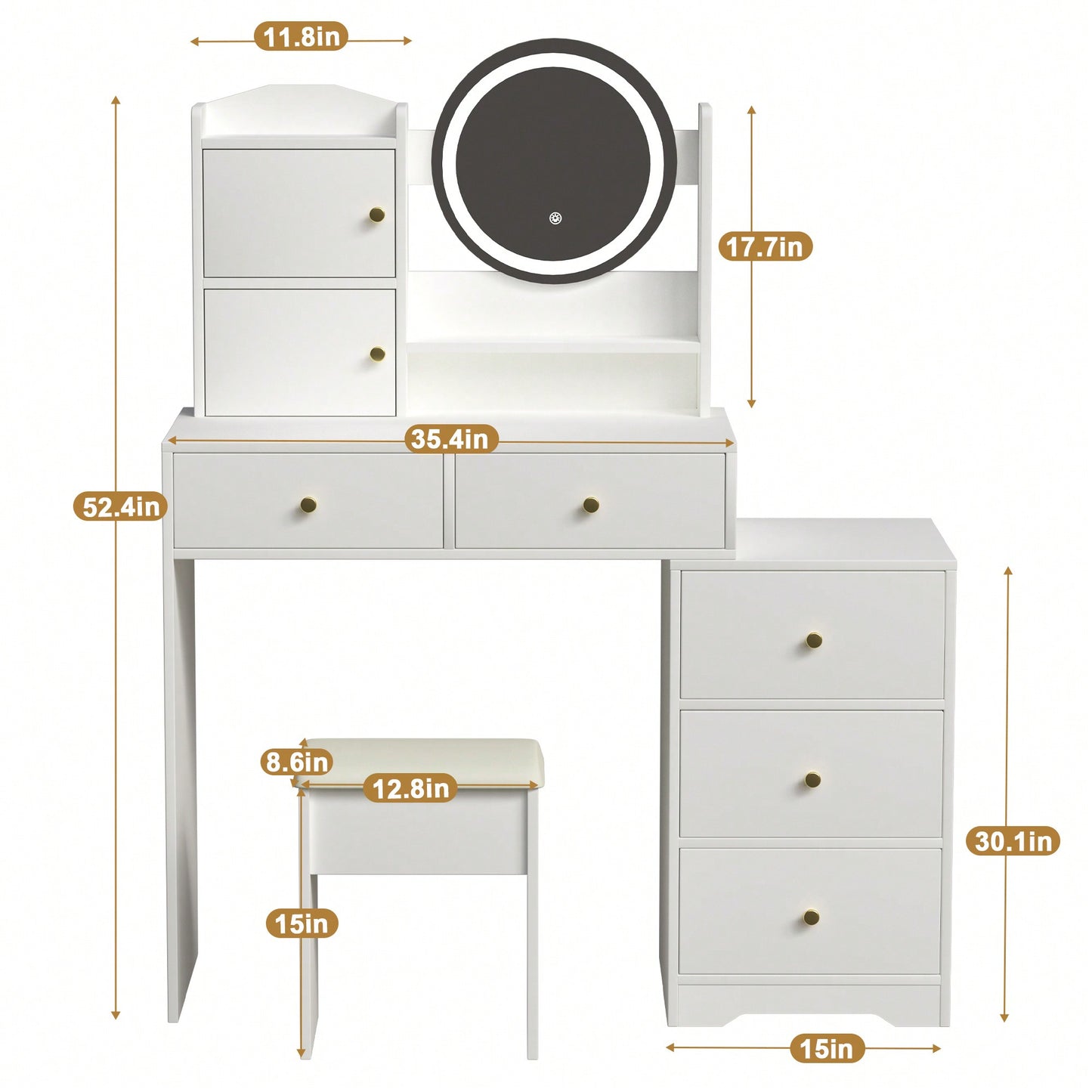 Stylish Makeup Vanity Set With Adjustable Lighting Mirror & Cushioned Chair - Elegant Dressing Table In White