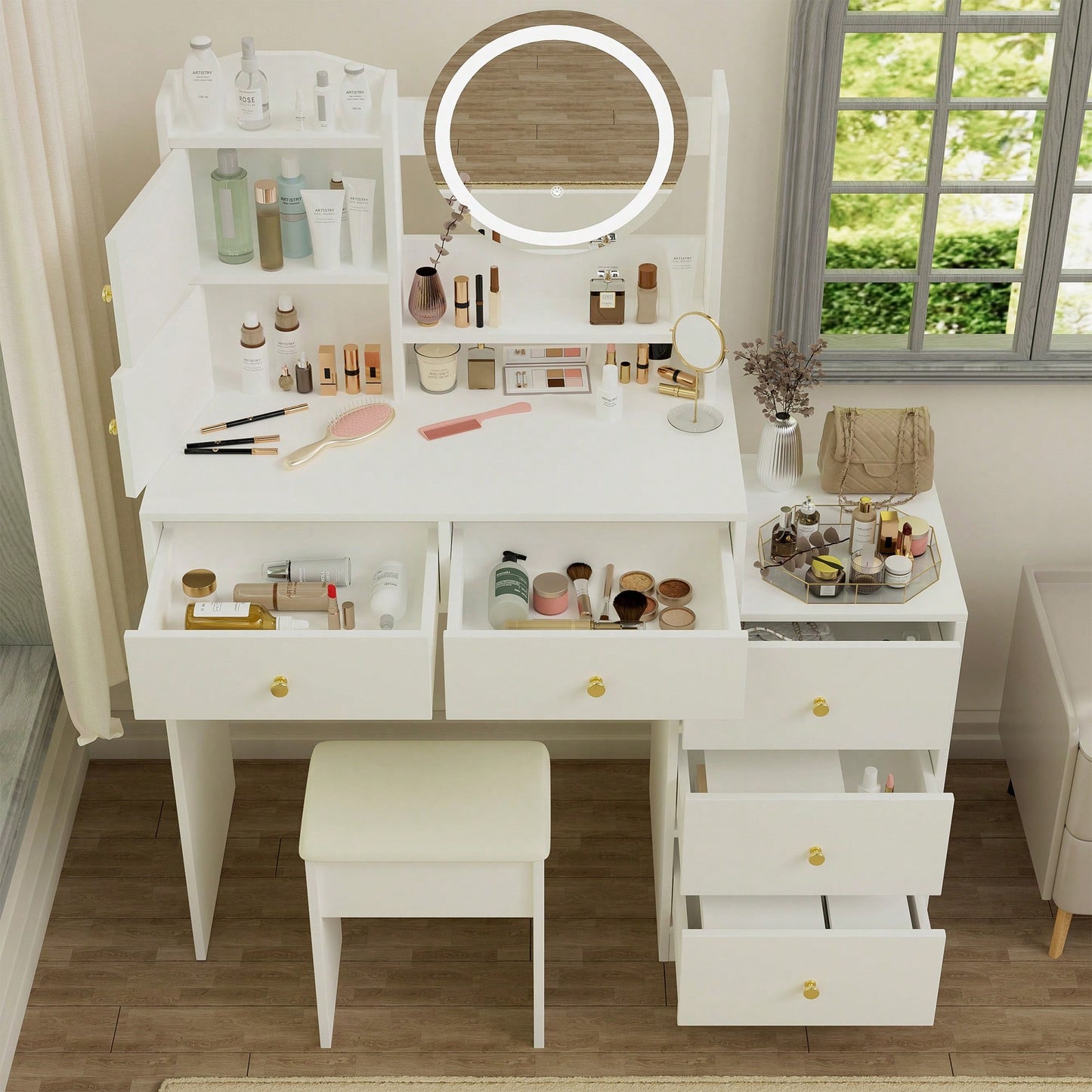 Stylish Makeup Vanity Set With Adjustable Lighting Mirror & Cushioned Chair - Elegant Dressing Table In White