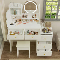 Stylish Makeup Vanity Set With Adjustable Lighting Mirror & Cushioned Chair - Elegant Dressing Table In White