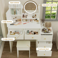 Stylish Makeup Vanity Set With Adjustable Lighting Mirror & Cushioned Chair - Elegant Dressing Table In White