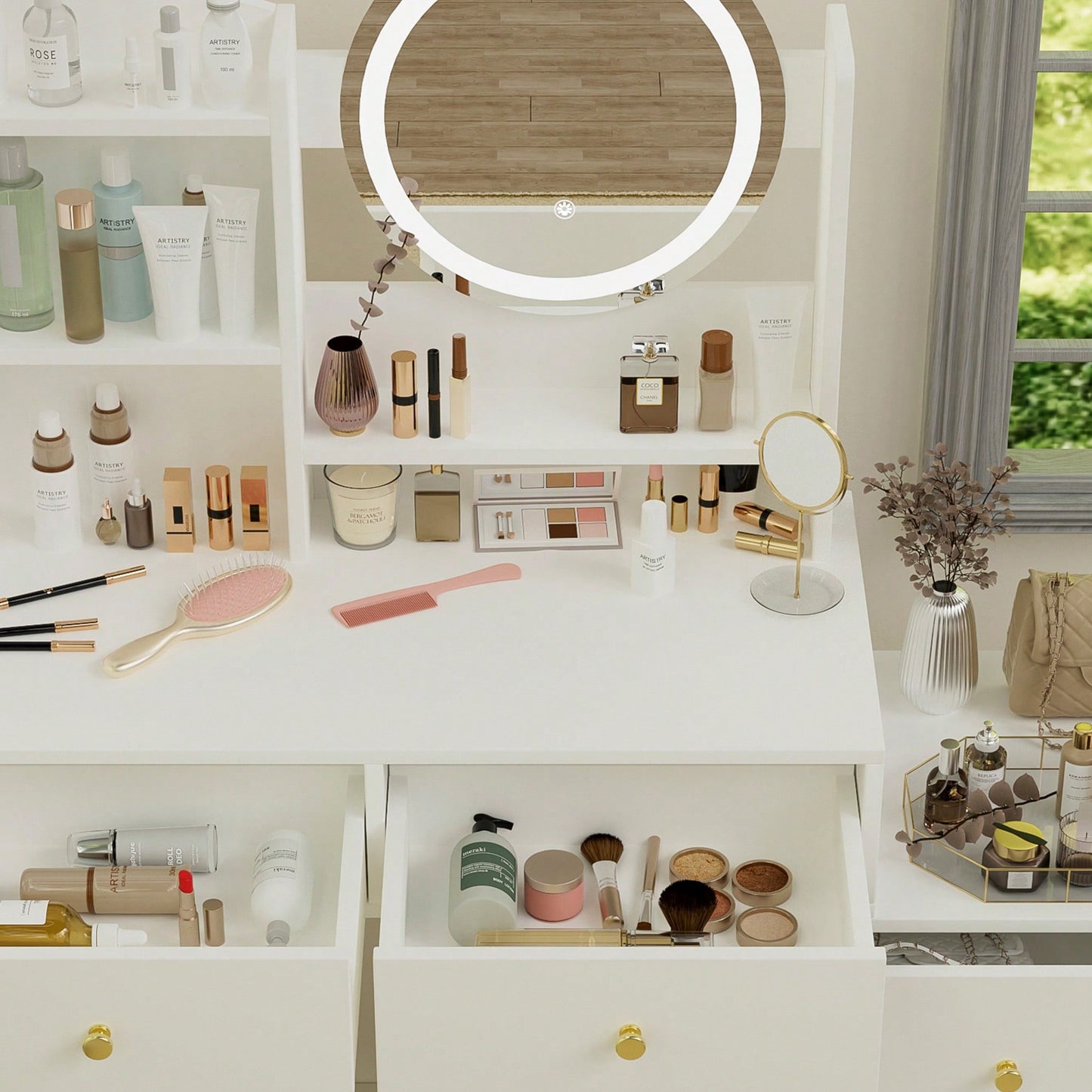 Stylish Makeup Vanity Set With Adjustable Lighting Mirror & Cushioned Chair - Elegant Dressing Table In White