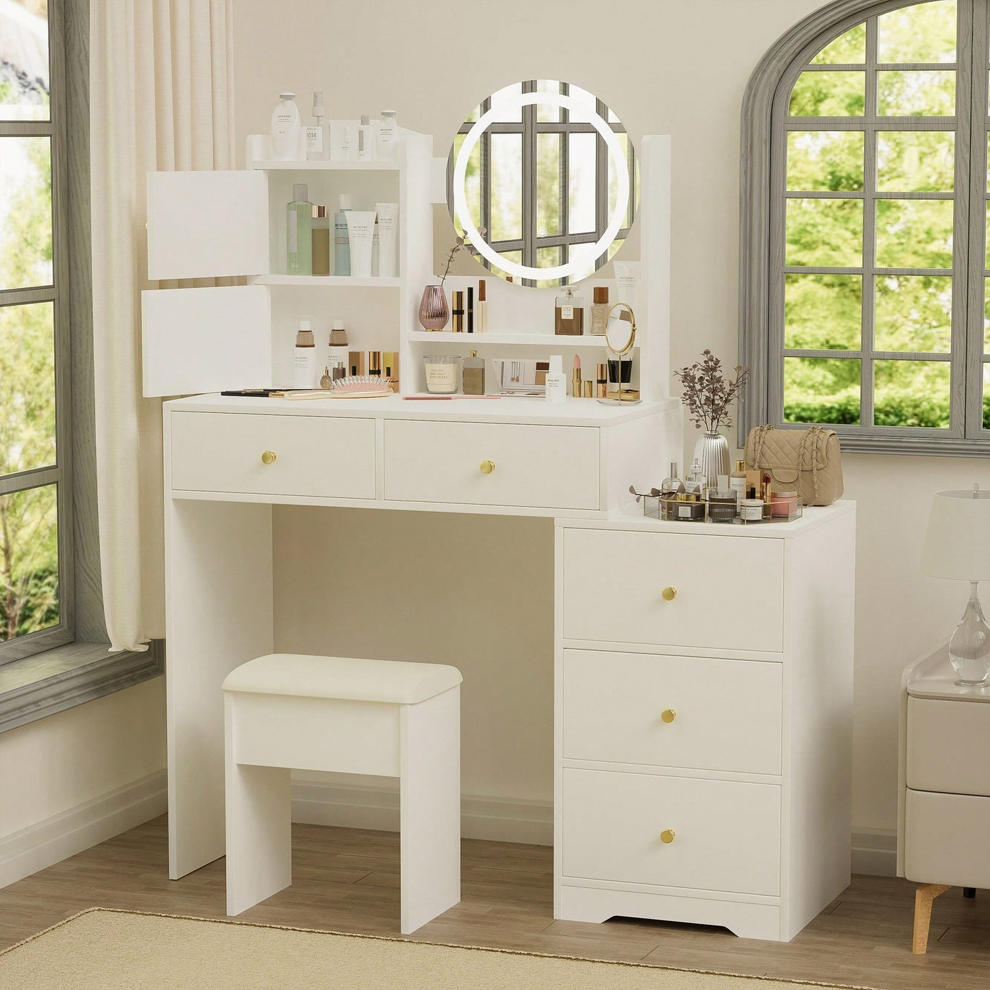 Stylish Makeup Vanity Set With Adjustable Lighting Mirror & Cushioned Chair - Elegant Dressing Table In White