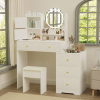 Stylish Makeup Vanity Set With Adjustable Lighting Mirror & Cushioned Chair - Elegant Dressing Table In White