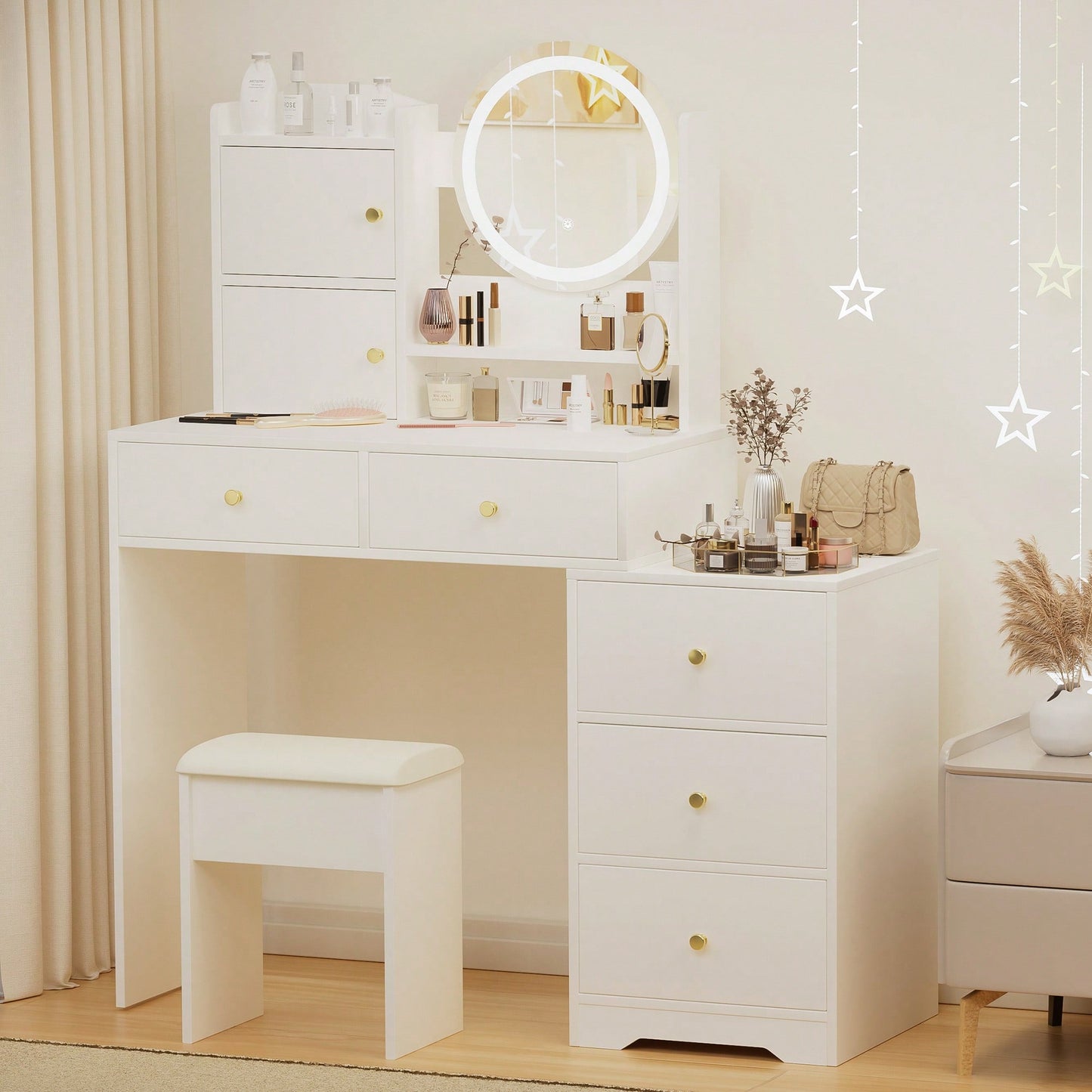 Stylish Makeup Vanity Set With Adjustable Lighting Mirror & Cushioned Chair - Elegant Dressing Table In White