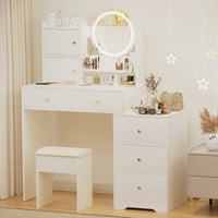 Stylish Makeup Vanity Set With Adjustable Lighting Mirror & Cushioned Chair - Elegant Dressing Table In White