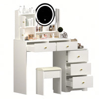 Stylish Makeup Vanity Set With Adjustable Lighting Mirror & Cushioned Chair - Elegant Dressing Table In White