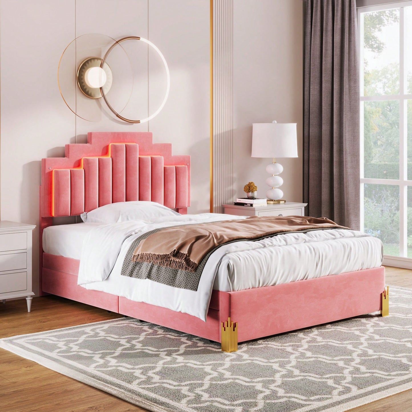 Elegant Full Size Upholstered Platform Bed With LED Lights And Storage Drawers, Chic Irregular Metal Legs, Beige