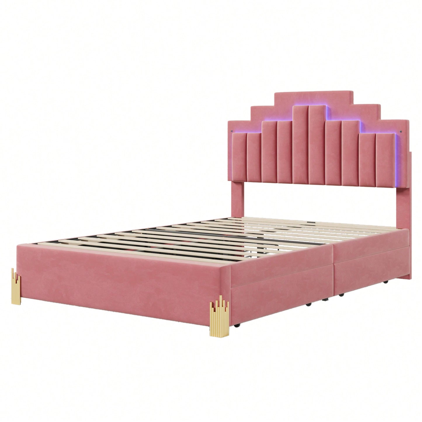 Elegant Full Size Upholstered Platform Bed With LED Lights And Storage Drawers, Chic Irregular Metal Legs, Beige