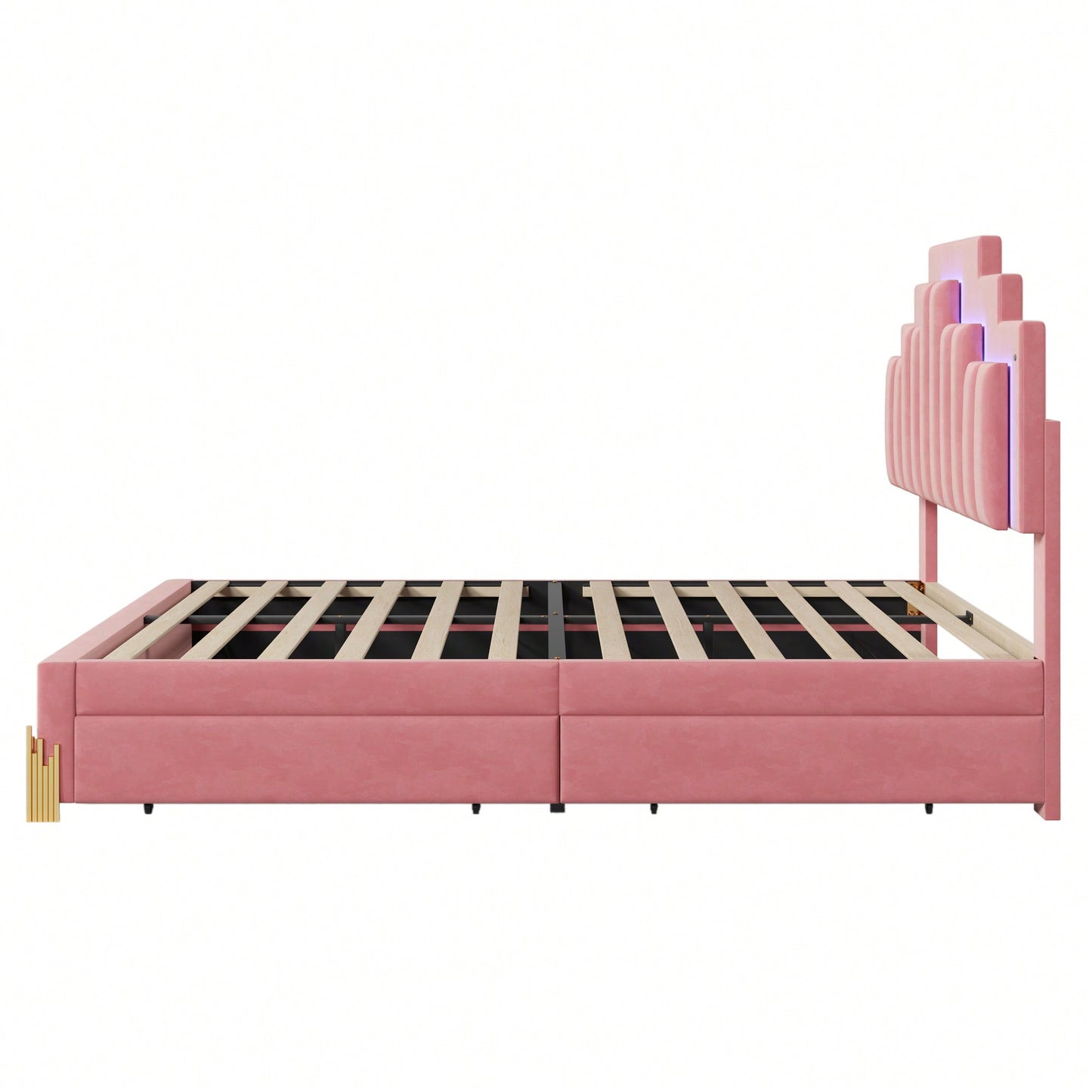 Elegant Full Size Upholstered Platform Bed With LED Lights And Storage Drawers, Chic Irregular Metal Legs, Beige