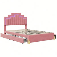 Elegant Full Size Upholstered Platform Bed With LED Lights And Storage Drawers, Chic Irregular Metal Legs, Beige