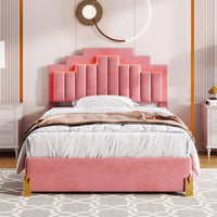 Elegant Full Size Upholstered Platform Bed With LED Lights And Storage Drawers, Chic Irregular Metal Legs, Beige