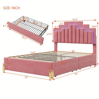 Elegant Full Size Upholstered Platform Bed With LED Lights And Storage Drawers, Chic Irregular Metal Legs, Beige