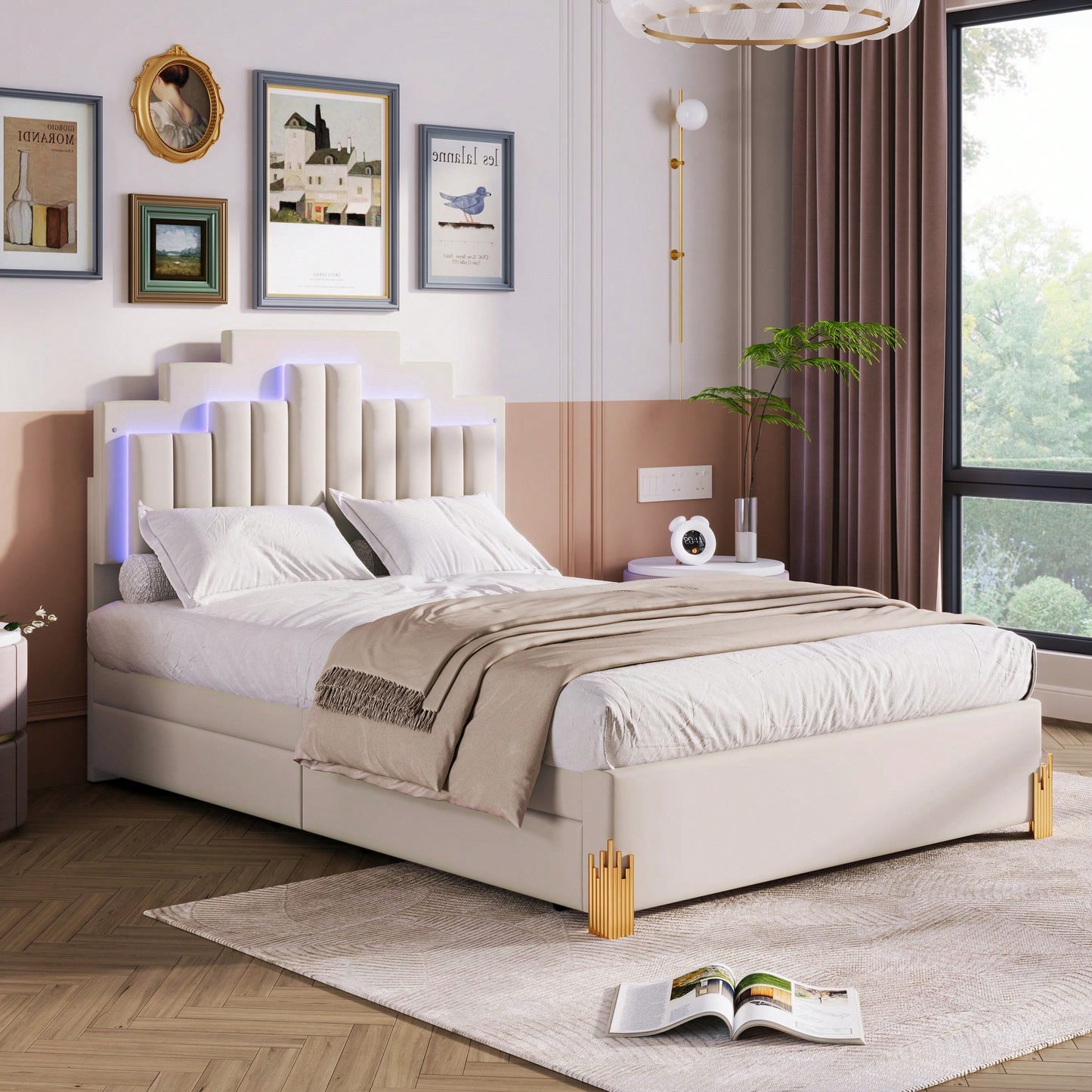 Elegant Full Size Upholstered Platform Bed With LED Lights And Storage Drawers, Chic Irregular Metal Legs, Beige