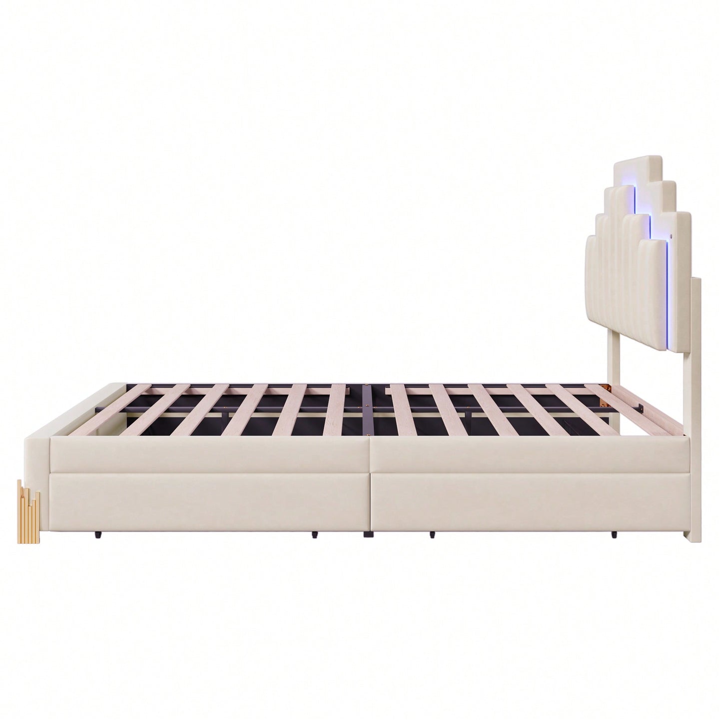 Elegant Full Size Upholstered Platform Bed With LED Lights And Storage Drawers, Chic Irregular Metal Legs, Beige