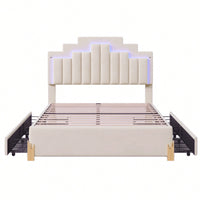 Elegant Full Size Upholstered Platform Bed With LED Lights And Storage Drawers, Chic Irregular Metal Legs, Beige