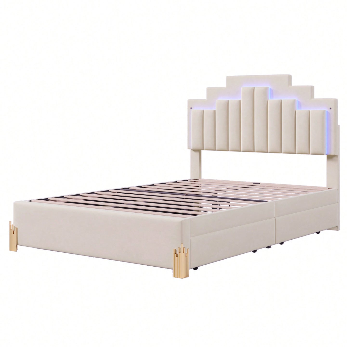 Elegant Full Size Upholstered Platform Bed With LED Lights And Storage Drawers, Chic Irregular Metal Legs, Beige