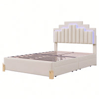 Elegant Full Size Upholstered Platform Bed With LED Lights And Storage Drawers, Chic Irregular Metal Legs, Beige