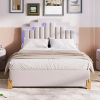 Elegant Full Size Upholstered Platform Bed With LED Lights And Storage Drawers, Chic Irregular Metal Legs, Beige