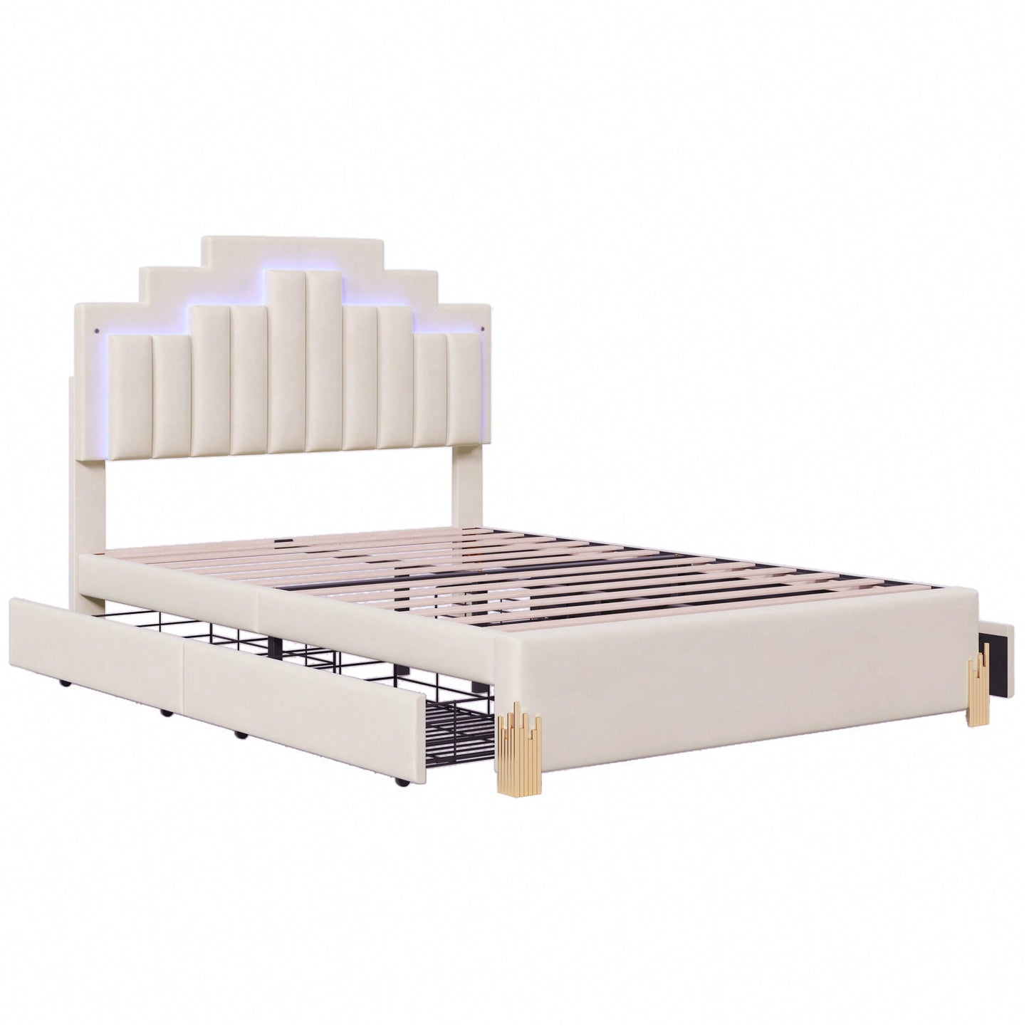 Elegant Full Size Upholstered Platform Bed With LED Lights And Storage Drawers, Chic Irregular Metal Legs, Beige