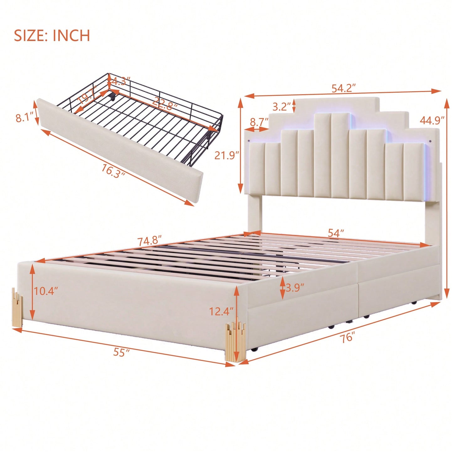 Elegant Full Size Upholstered Platform Bed With LED Lights And Storage Drawers, Chic Irregular Metal Legs, Beige