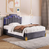 Elegant Full Size Upholstered Platform Bed With LED Lights And Storage Drawers, Chic Irregular Metal Legs, Beige