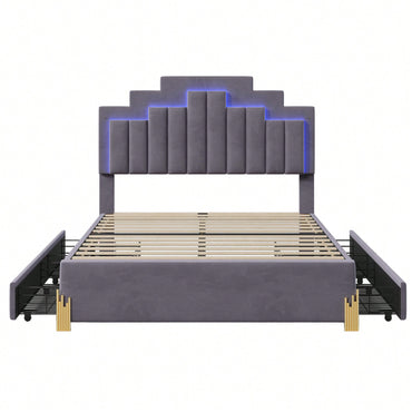 Elegant Full Size Upholstered Platform Bed With LED Lights And Storage Drawers, Chic Irregular Metal Legs, Beige