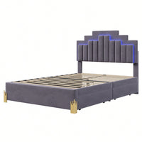 Elegant Full Size Upholstered Platform Bed With LED Lights And Storage Drawers, Chic Irregular Metal Legs, Beige