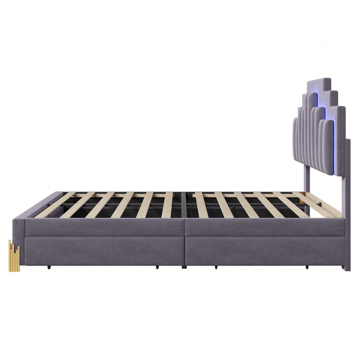 Elegant Full Size Upholstered Platform Bed With LED Lights And Storage Drawers, Chic Irregular Metal Legs, Beige