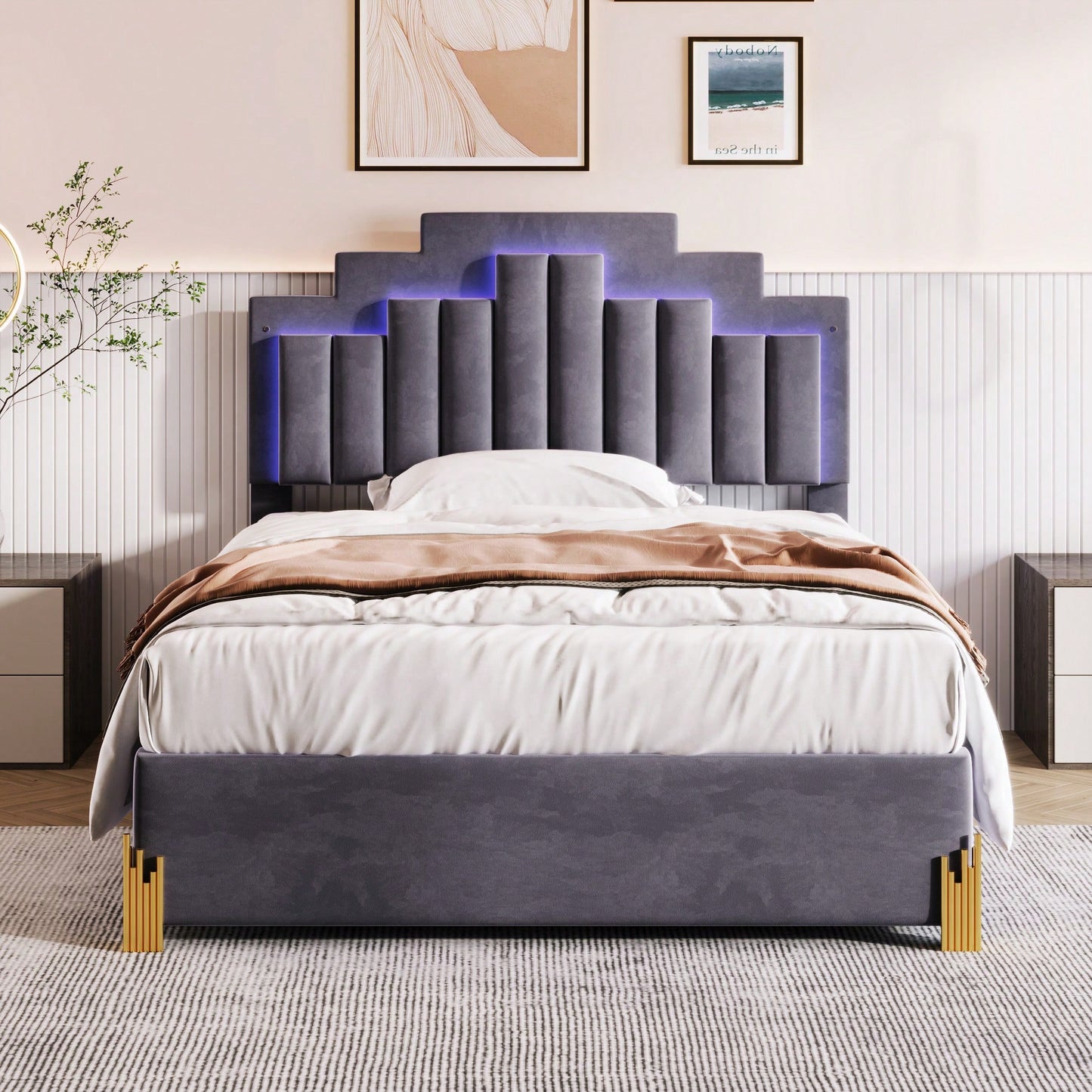 Elegant Full Size Upholstered Platform Bed With LED Lights And Storage Drawers, Chic Irregular Metal Legs, Beige