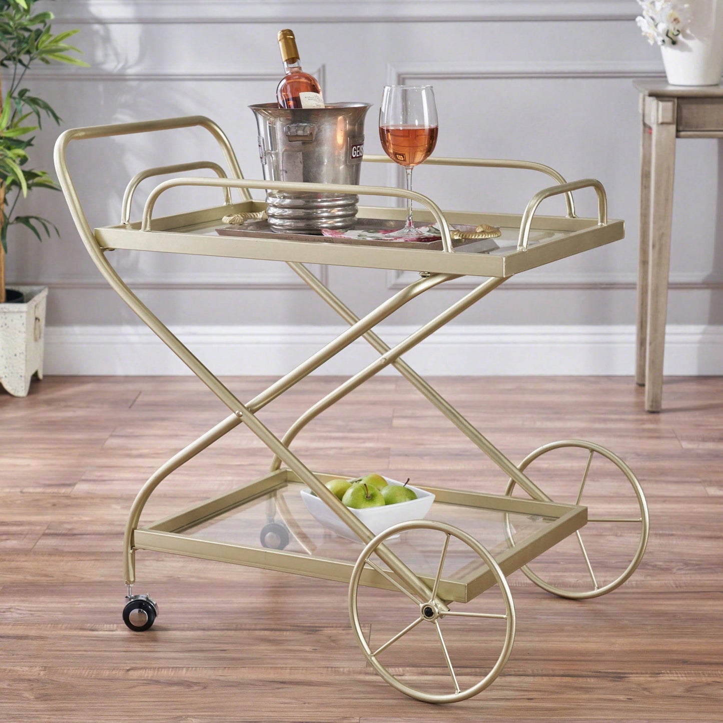 Elegant Modern Bar Cart For Entertaining And Serving Drinks - Stylish Portable Beverage Trolley With Shelves And Storage