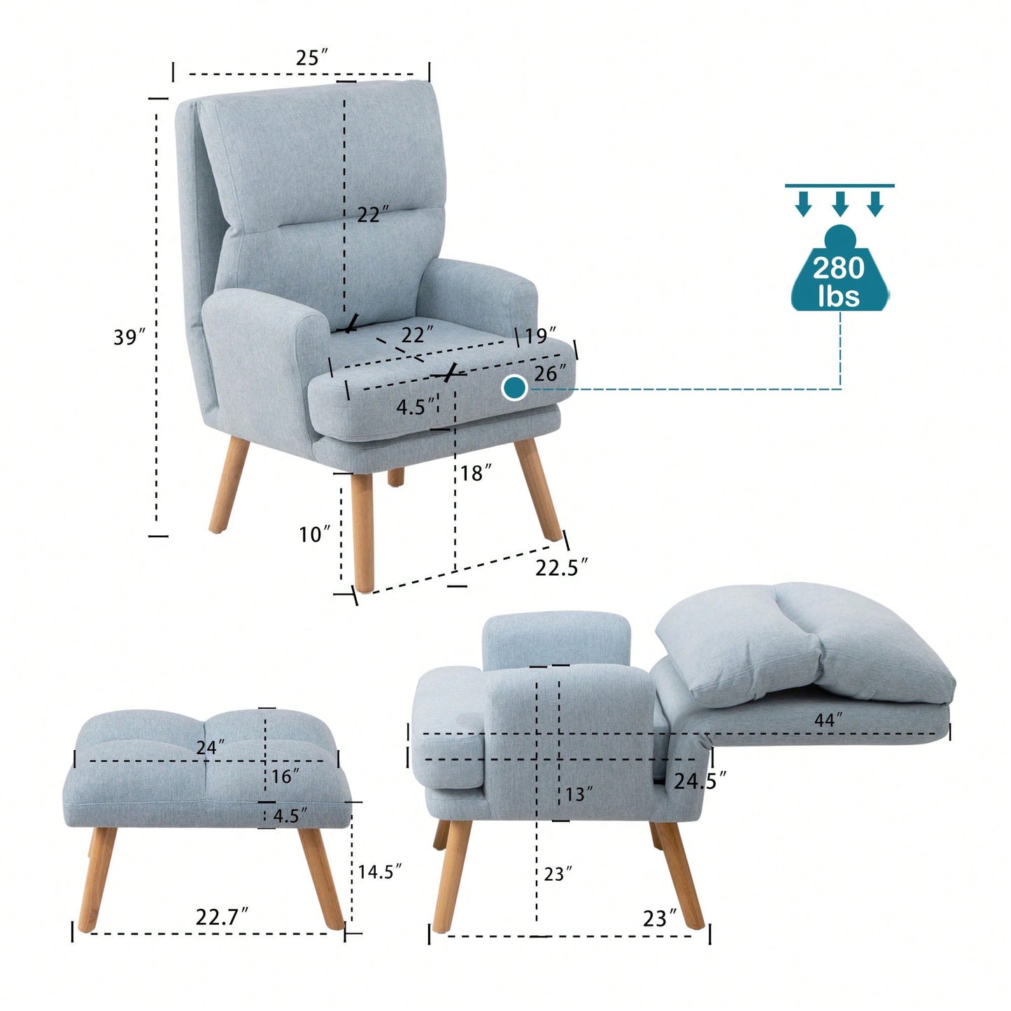 Mid Century Modern Accent Chair and Ottoman Set with Adjustable Backrest for Living Room and Bedroom