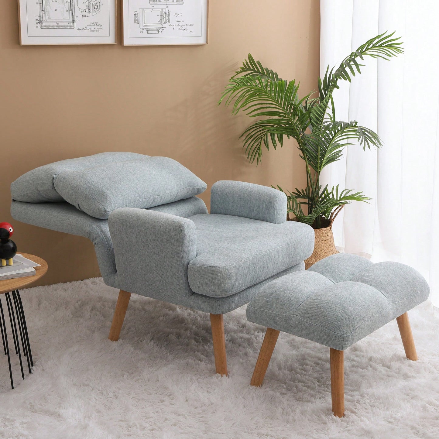 Mid Century Modern Accent Chair and Ottoman Set with Adjustable Backrest for Living Room and Bedroom