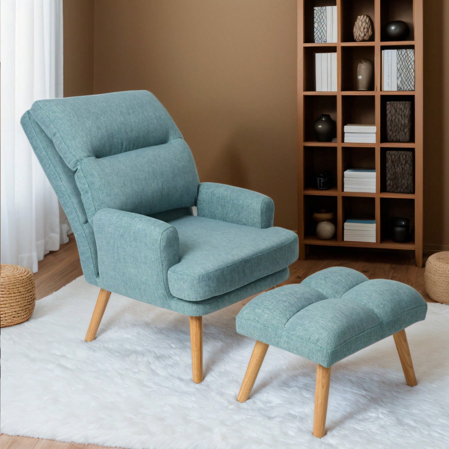 Mid Century Modern Accent Chair and Ottoman Set with Adjustable Backrest for Living Room and Bedroom