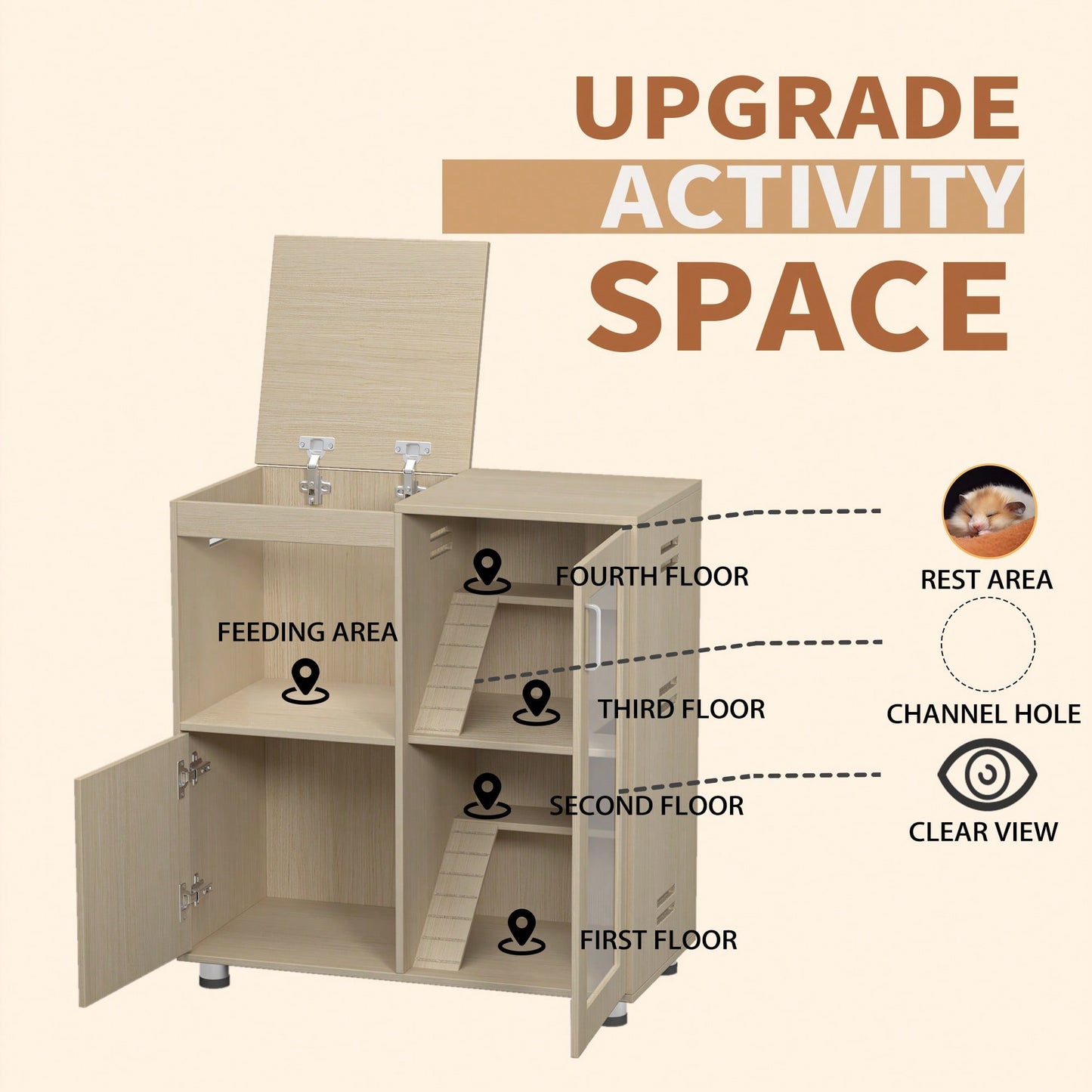 Spacious 4-Tier Small Animal Cage With Acrylic Windows And Storage Cabinet For Hamsters, Chinchillas, And Rats - Openable Top Design