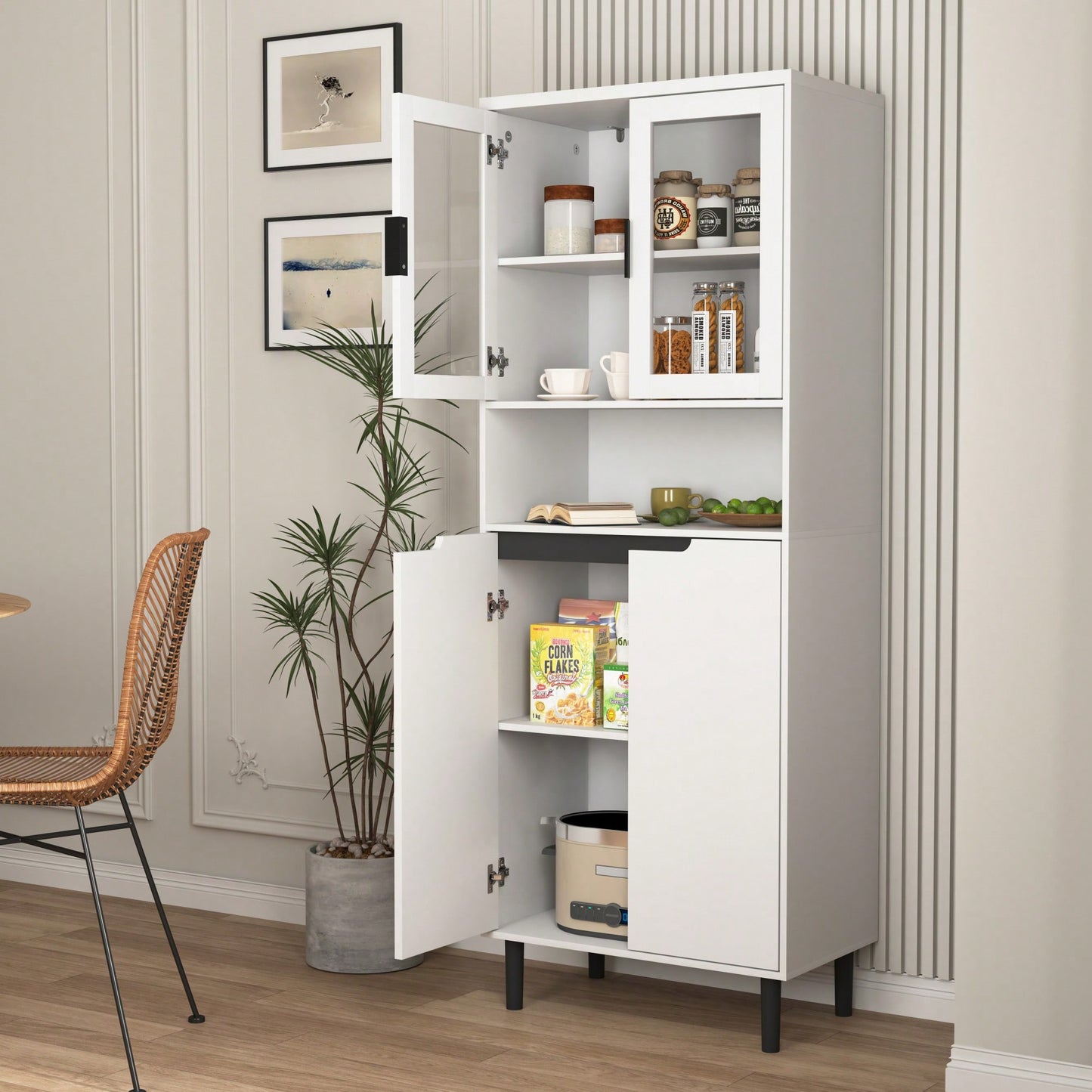 Stylish Tall Storage Bookcase With Glass Doors And Gold Handles - Modern Freestanding Cabinet For Kitchen Or Living Room, Blue Finish