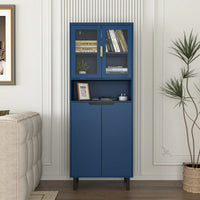 Stylish Tall Storage Bookcase With Glass Doors And Gold Handles - Modern Freestanding Cabinet For Kitchen Or Living Room, Blue Finish