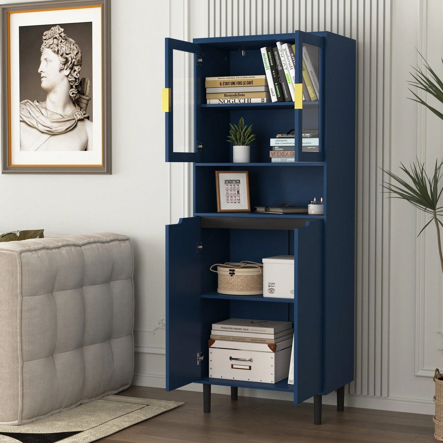 Stylish Tall Storage Bookcase With Glass Doors And Gold Handles - Modern Freestanding Cabinet For Kitchen Or Living Room, Blue Finish