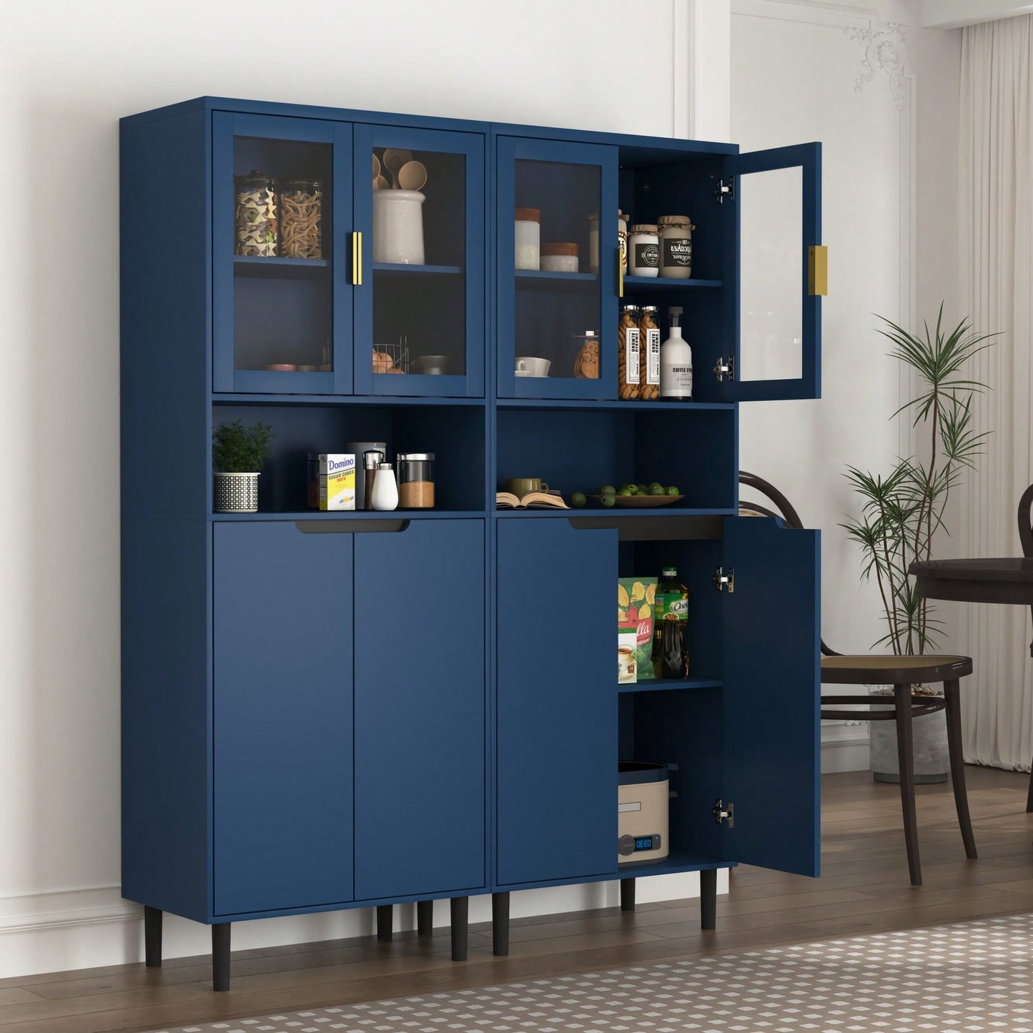 Stylish Tall Storage Bookcase With Glass Doors And Gold Handles - Modern Freestanding Cabinet For Kitchen Or Living Room, Blue Finish