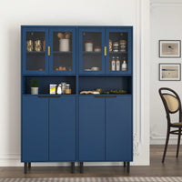 Stylish Tall Storage Bookcase With Glass Doors And Gold Handles - Modern Freestanding Cabinet For Kitchen Or Living Room, Blue Finish