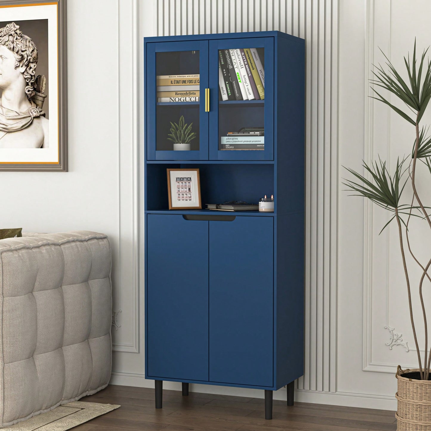 Stylish Tall Storage Bookcase With Glass Doors And Gold Handles - Modern Freestanding Cabinet For Kitchen Or Living Room, Blue Finish