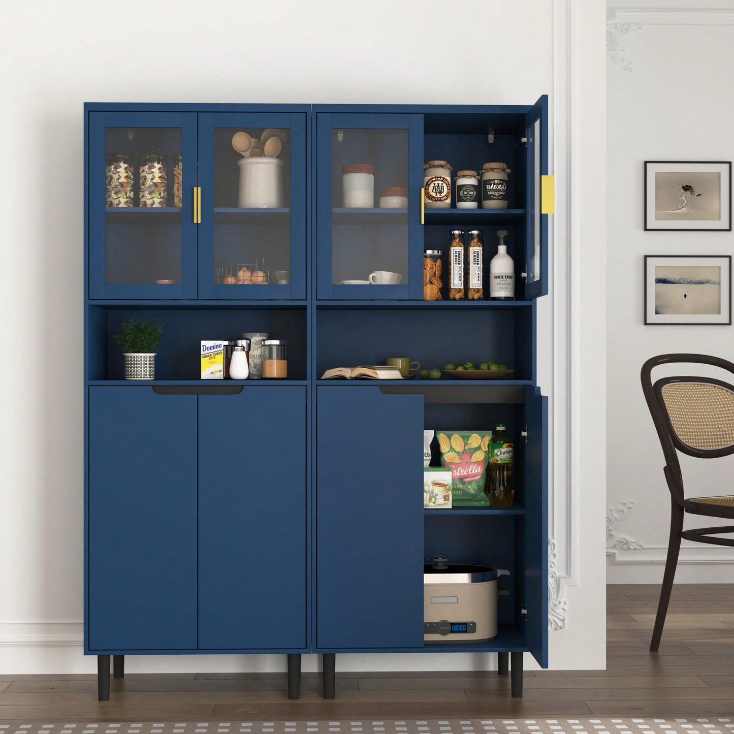 Stylish Tall Storage Bookcase With Glass Doors And Gold Handles - Modern Freestanding Cabinet For Kitchen Or Living Room, Blue Finish